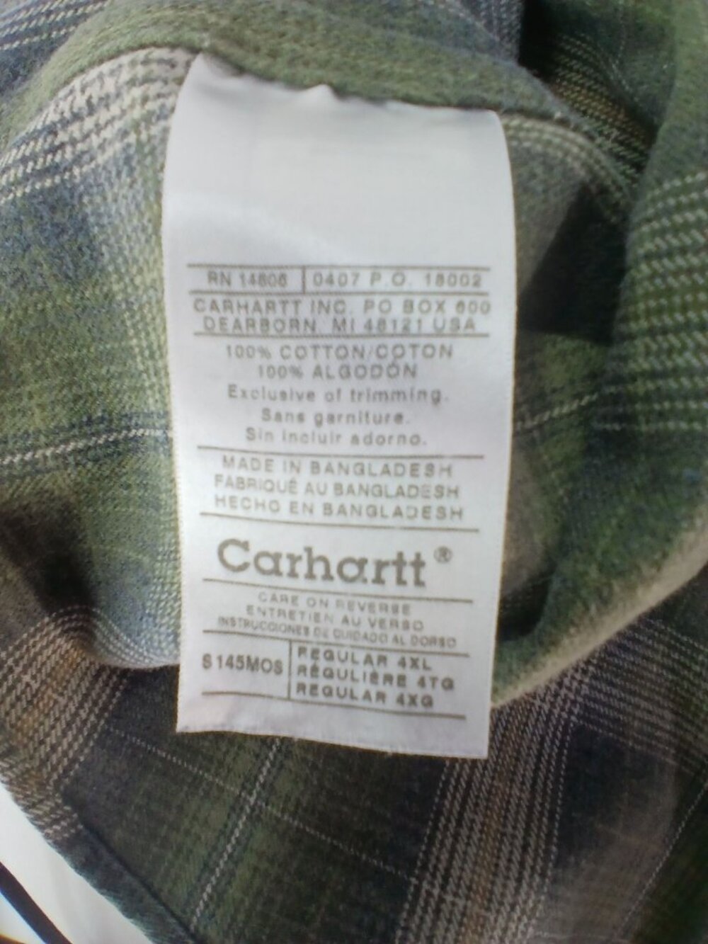 Carhartt Mens Plaid Button Up Flannel Shirt 4XL Long Sleeve 100% Cotton Green - Picture 11 of 11